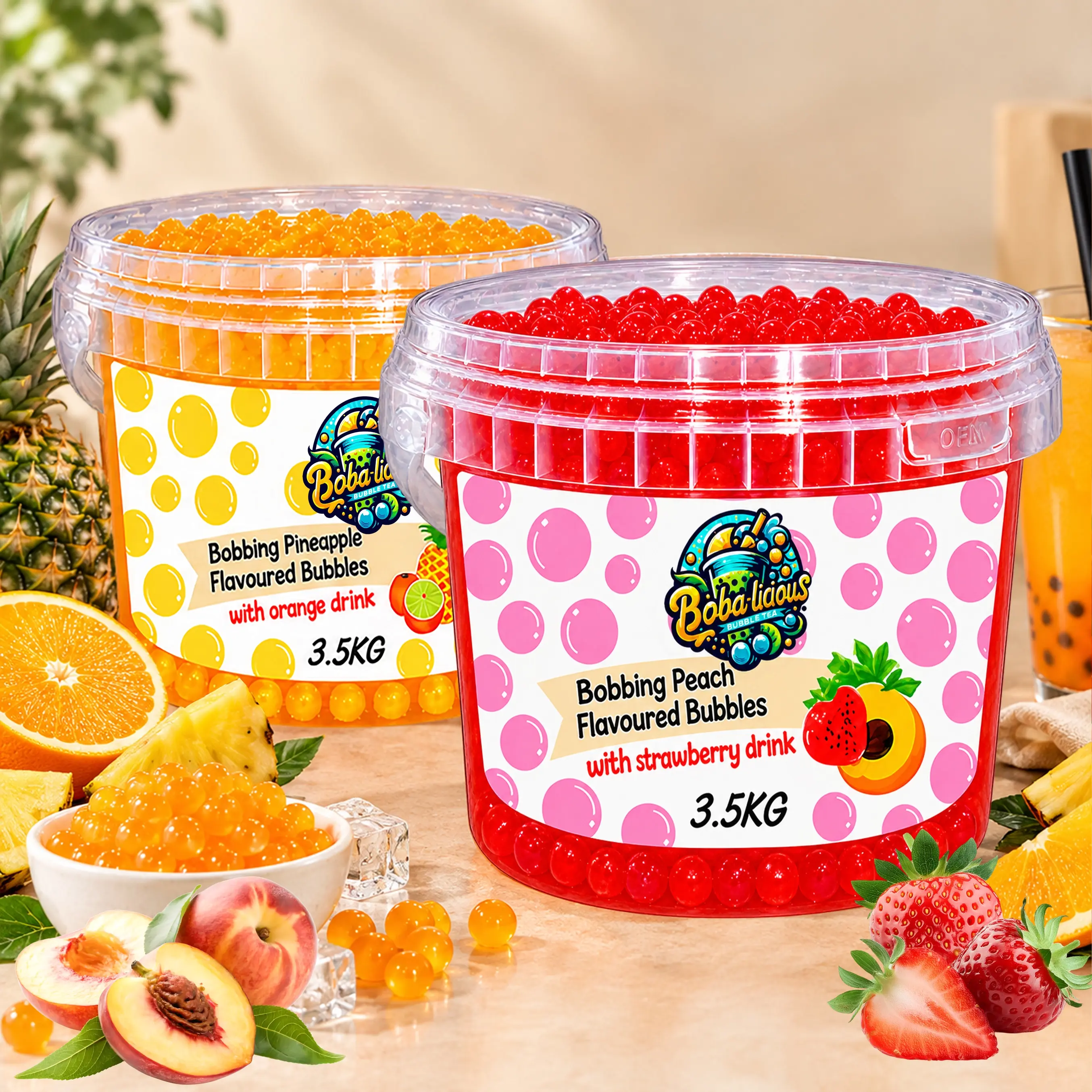 BUBBLE TEA Boba-licious 3.5 kg pineapple and peach flavoured popping boba buckets displayed with fresh pineapple, orange, peach and strawberries.